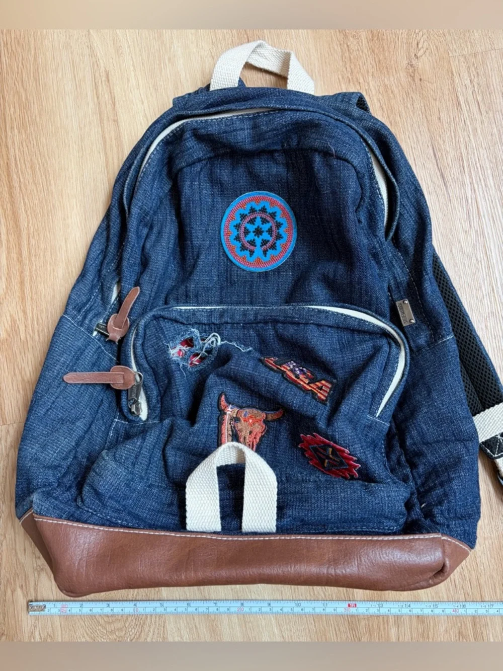 Rare Steve Madden Denim Patch Backpack Blue Red Bandana USA Aztec $108 unisex